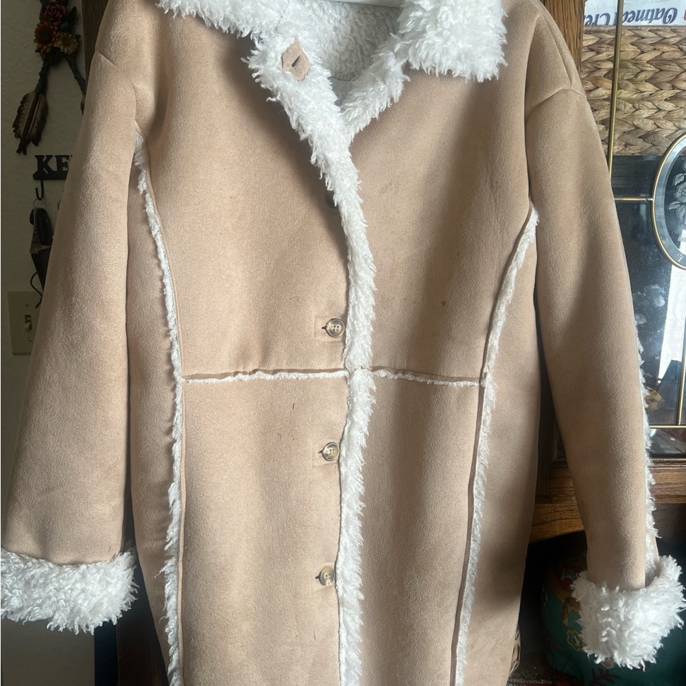 Forever 21 Tan Teddy Jacket with White Accents